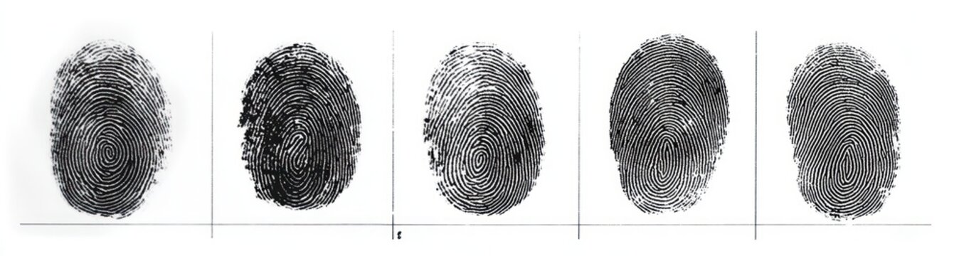 Five black ink fingerprint impressions on white paper separated by thin vertical dividers and a baseline, clinical investigative mood