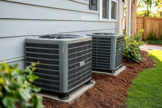 Two outdoor air conditioning condenser units on concrete pads beside a tidy house with mulch bed, green lawn, and shrubs, evoking well-maintained residential cooling