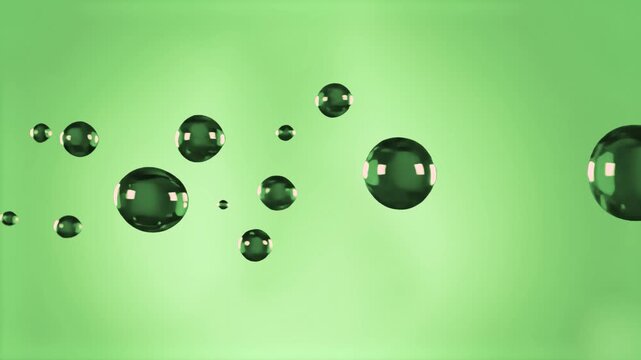 A professional 3D rendering of reflective green glass or liquid spheres levitating gracefully against a soft olive green gradient backdrop. Perfect for organic cosmetics, refreshing botanical drinks, 