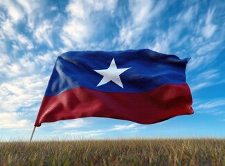 Naklejka premium waving blue and red flag with central white star on a pole in a grassy field under a dramatic cloudy sky, windswept and proud