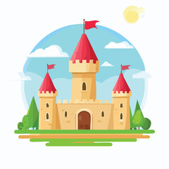 Fototapeta premium Cartoon castle illustration with flags towers and green landscape background
