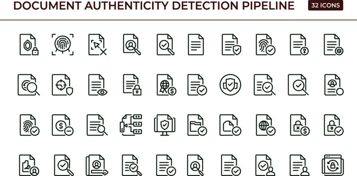 Document authenticity detection pipeline outline icon set file verification security validation OCR compliance workflow vector symbols