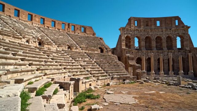 Ancient Roman amphitheater in Tunisia, El Jem, showcasing historical architecture, ruins, and blue sky