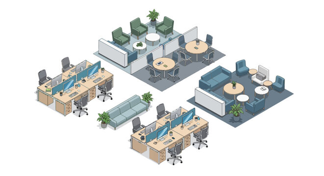 Modern office cubicles and workspaces.