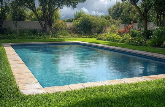 rectangular backyard swimming pool with clear blue water, stone coping, manicured green lawn, trees and flowering shrubs under a cloudy sky, peaceful and inviting