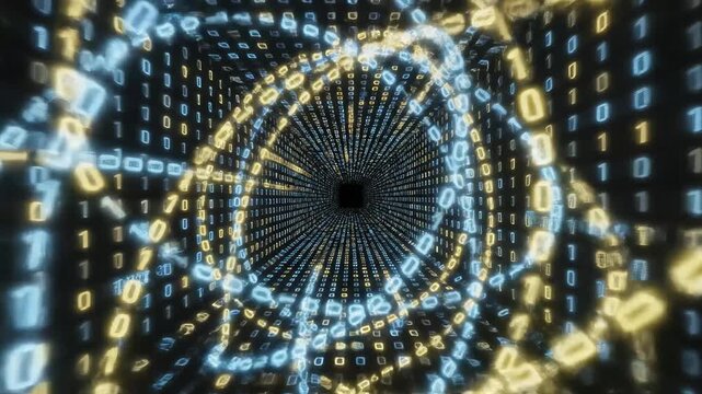 Digital binary tunnel with glowing numbers for commercial backgrounds, digital design, and advertising