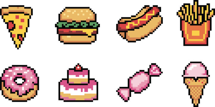 Pixel food icons set, pizza burger hotdog fries donut cake candy ice cream vector illustration