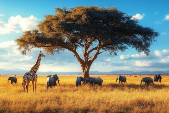 Solitary giraffe and herd of elephants gathered beneath a sprawling acacia tree on a golden savannah under a calm blue sky, peaceful and majestic