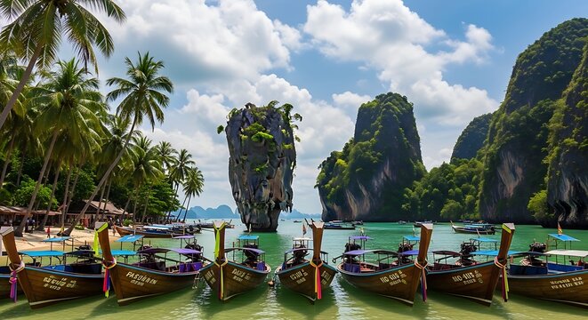 Vibrant traditional Thai long-tail boats moored in emerald waters before a towering limestone karst islet under a tropical sky.