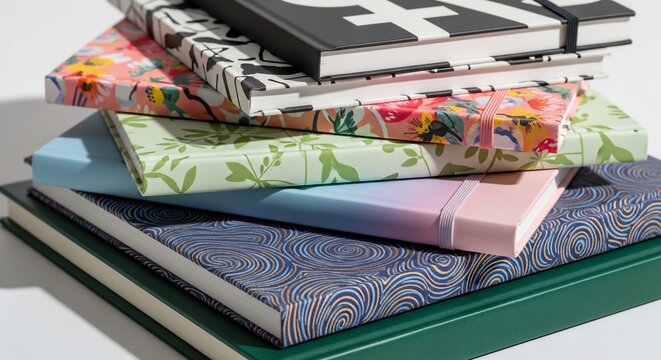 A stack of colorful and patterned notebooks and journals piled on a white surface, showcasing various designs and textures.