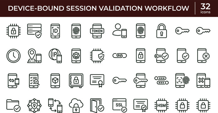 Device bound session validation workflow outline icon set multi factor authentication secure login token verification security pipeline vector symbols