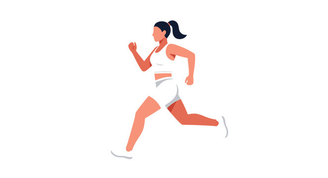 A determined female runner wearing a white athletic outfit and sneakers performs a vigorous jogging motion against a completely blank white background.