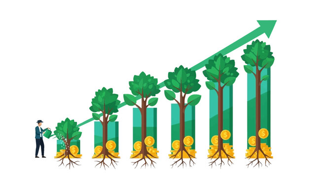 Business growth concept with investor watering money trees as financial bar chart and rising arrow showing success