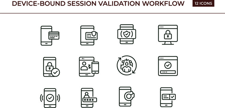 Device bound session validation workflow outline icon set secure login trusted device authentication token verification vector symbols