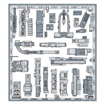 Overview of a manufacturing facility s operational layout displaying diverse industrial machinery and equipment assembled in a structured workspace top down bird s eye perspective for strategic