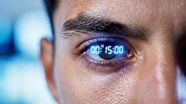 A close-up of a person's eye with a digital timer displayed on their iris