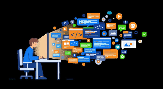 Web Developer Programming on Computer with Abstract Digital Code and UI Elements Illustration on Black Background