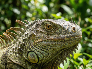 Obraz premium Detailed portrait of a green iguana with scaly skin