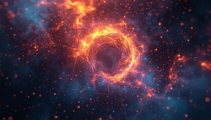 Obraz premium Abstract cosmic solar jpeg of black hole portal with glowing orange energy fire and stardust in deep space galaxy nebula