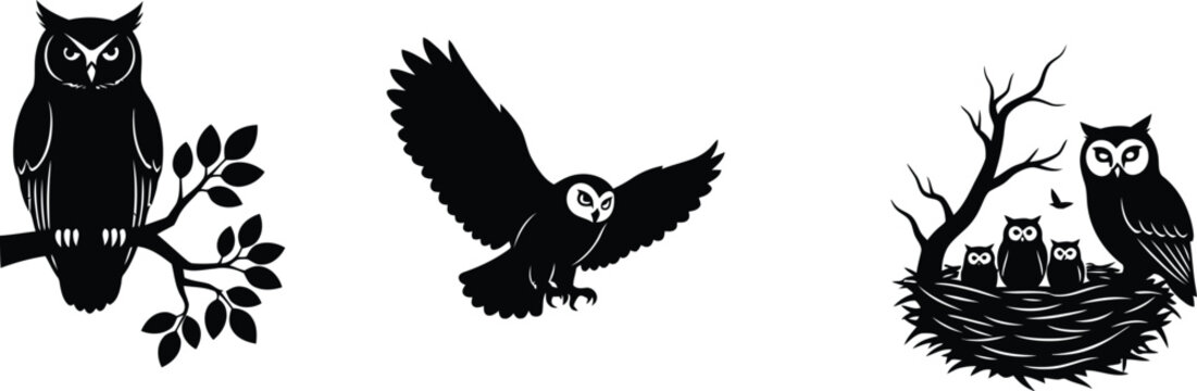 Black silhouette set of owls perched, flying, and nesting with owlets