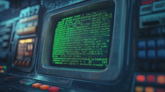 vintage computer console with glowing green code on a crt screen, surrounded by buttons, knobs and control panel, evoking a mysterious nostalgic mood