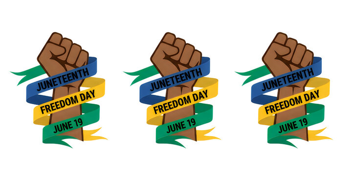 Juneteenth freedom day celebration with fist and ribbon emblems on transparent background