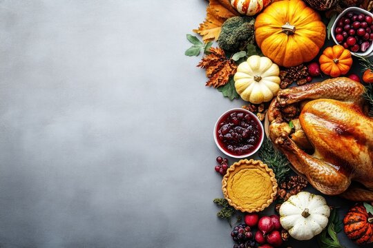 Top-down view of a golden roasted turkey surrounded by pumpkins, pumpkin pie, cranberry sauce, grapes, apples, nuts, pine cones and autumn leaves on a gray background with warm festive harvest feeling