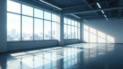Fototapeta premium Empty Modern Office with Large Windows Overlooking City Skyline