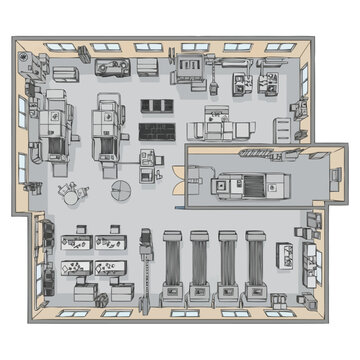 Overhead view of a spacious industrial workshop layout demonstrating advanced manufacturing machinery and workspace organization for efficient production processes and operational flow within a