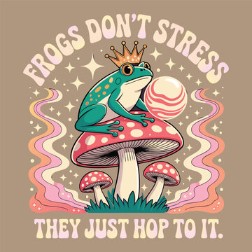 Whimsical frog king sitting on a mushroom with a cosmic background