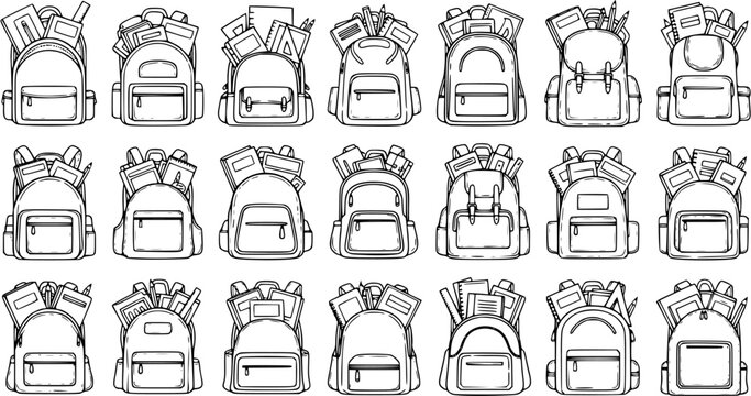 Black and White Line Art School Backpacks Vector Collection. Education and Learning Objects Illustration Set.