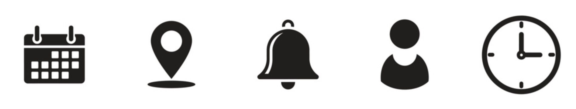 Five icons representing calendar, location, alarm, person, and clock concepts. Vector