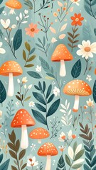Whimsical illustration features mushrooms, flowers, and foliage on a light teal background creating a floral pattern