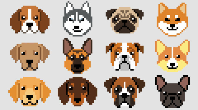 Pixel art dog and animal faces.