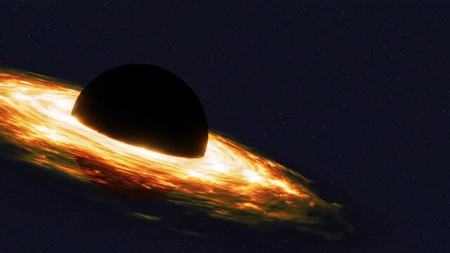 A dramatic 3D visual of a black hole with a glowing accretion disk against the dark backdrop of space. This footage is ideal for science fiction, educational astronomy content, or futuristic cinematic