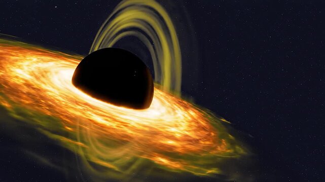 A dramatic 3D visual of a black hole with a glowing accretion disk against the dark backdrop of space. This footage is ideal for science fiction, educational astronomy content, or futuristic cinematic