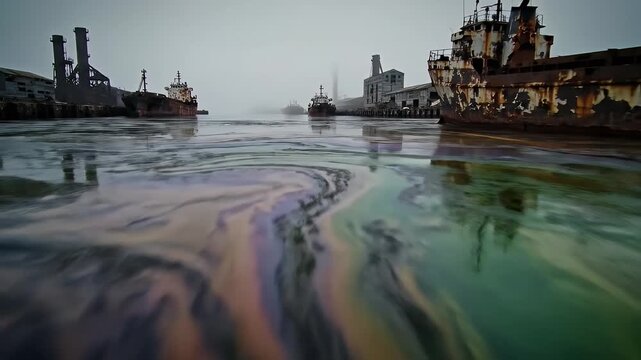 Industrial harbor with rusty ships reflected in the oil slicked water on a foggy day