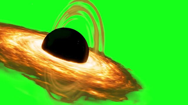 A detailed 3D render animation of a supermassive black hole with a glowing orange accretion disk, isolated on a chroma key background. This sci-fi asset is perfect for easy background compositing in s