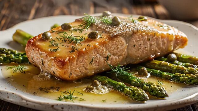 Grilled salmon fillet with asparagus and caper sauce served on a rustic plate