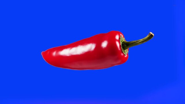 A single, fresh red chili pepper in a horizontal position against a vibrant blue background. This high-quality visual is suitable for cooking tutorials, spicy food branding, restaurant menus, or healt