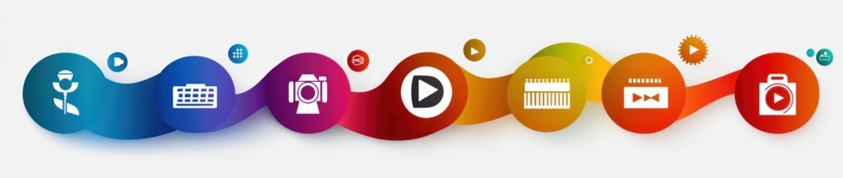 colorful flowing ribbon of connected circular icons showing flower, keyboard, studio light, play button, clapperboard and media bag, playful energetic modern design