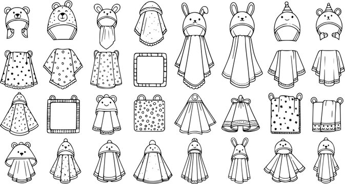 Black  White Line Art Collection of Cute Baby Hooded Animal Bath Towels. Outline Doodle Set for Children's Hygiene, Nursery, and Textile Design.