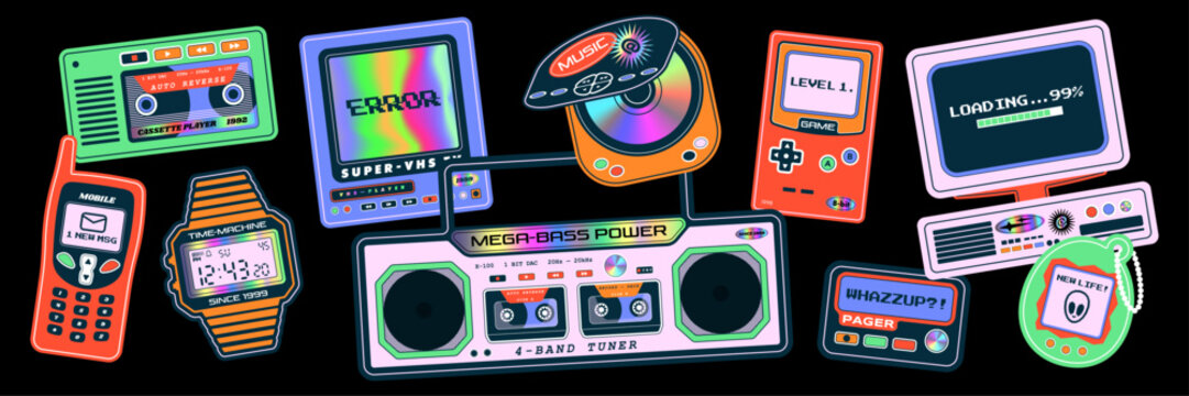A set of stickers featuring Y2K retro gadgets, 90s-style digital devices, Acid Graphics-style holographic graphics, vintage computer, tape recorder, game console, pager, media players.