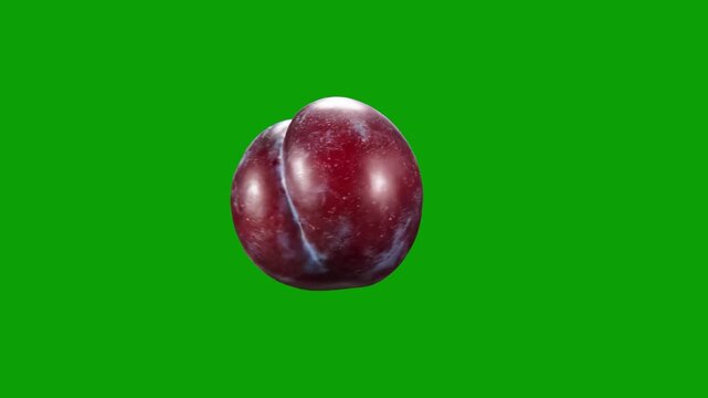 A high-quality shot of a fresh, ripe purple plum isolated against a vibrant green screen background. This clean image is perfect for food commercials, nutrition videos, cooking content, and healthy li