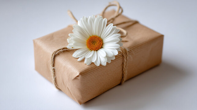 Gift box wrapped in brown paper decorated with fresh white daisy and rustic twine bow, birthday