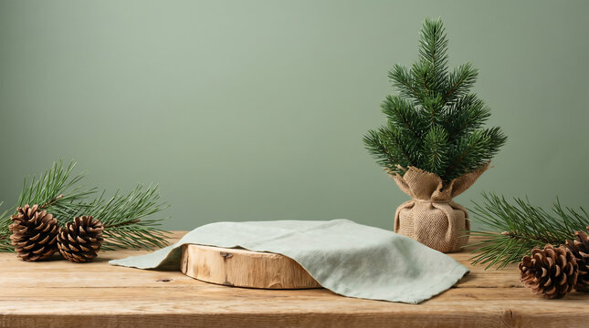 Christmas Wood Slice Podium with Green Napkin and Pine Tree for Winter Holiday Product Mockup and Website Banner