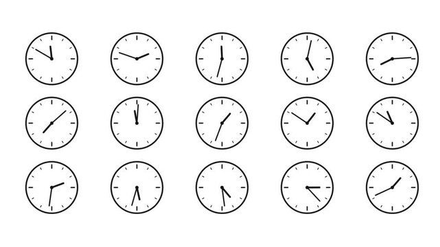 Clock Set - 4K Animation Cartoon Footage. Different Time Zones. Arrows - Hours, Minutes on Clockface. Clock Time Lapse. Loopable 4K stock video