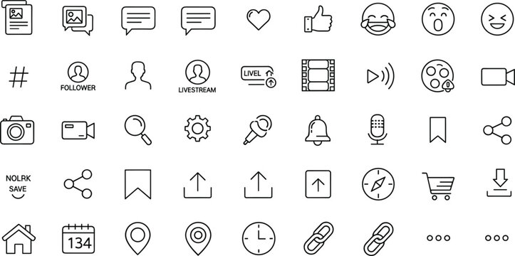 Minimal emoji reaction and social media interface line icon set featuring emotions, user interaction, communication, and digital symbols