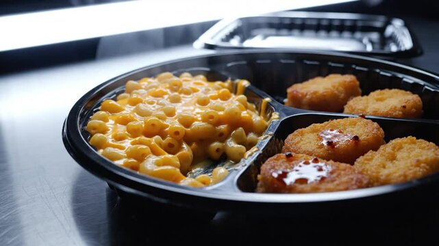 Close-up of a divided meal of mac and cheese and chicken nuggets in a disposable container.