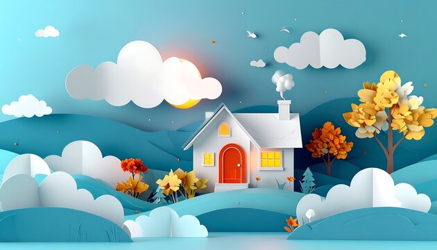 Whimsical paper cut-out illustration of a charming home amidst rolling hills, clouds, trees and a bright sun. A sunny dream